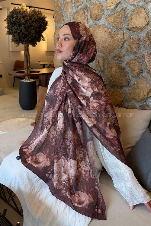 Lamelif Vintage Flower Desen Bambu Şal Kahverengi
