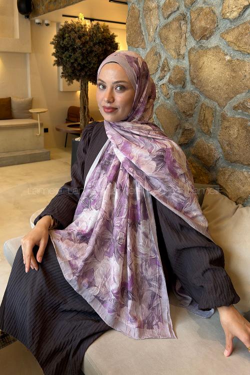 Lamelif Vintage Flower Desen Bambu Şal Lila