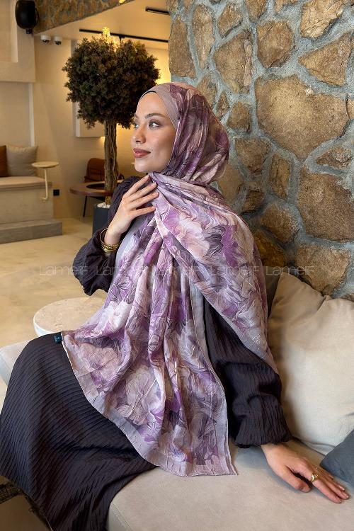 Lamelif Vintage Flower Desen Bambu Şal Lila