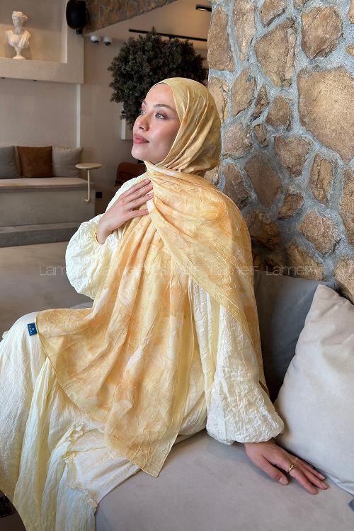 Lamelif Vintage Flower Desen Bambu Şal Sarı