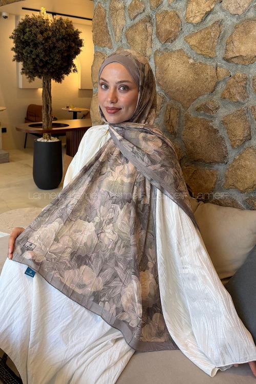 Lamelif Vintage Flower Desen Bambu Şal Vizon