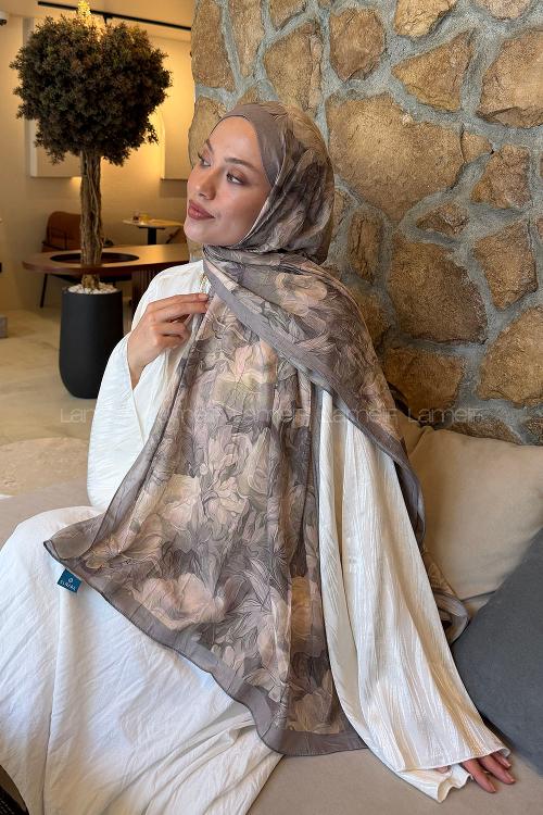 Lamelif Vintage Flower Desen Bambu Şal Vizon