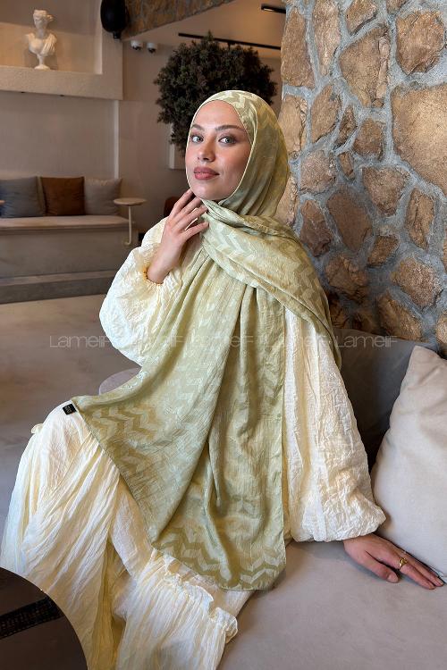 Lamelif  Zikzak Desen Ayrobin Floş Jakar  Şal Mint Yeşili