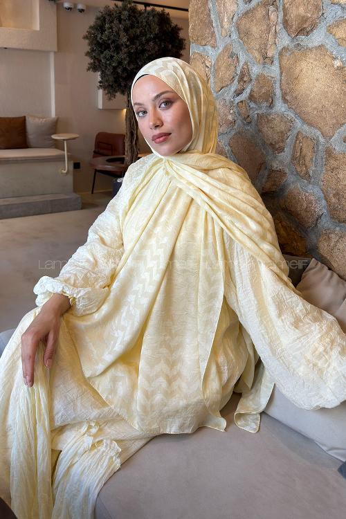 Lamelif  Zikzak Desen Ayrobin Floş Jakar  Şal Sarı