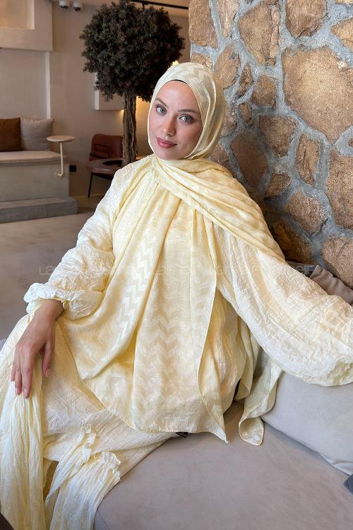 Lamelif  Zikzak Desen Ayrobin Floş Jakar  Şal Sarı