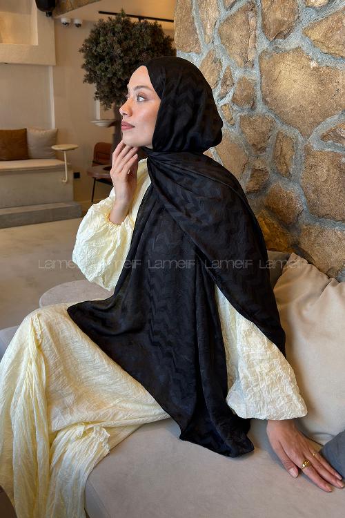 Lamelif  Zikzak Desen Ayrobin Floş Jakar Şal Siyah