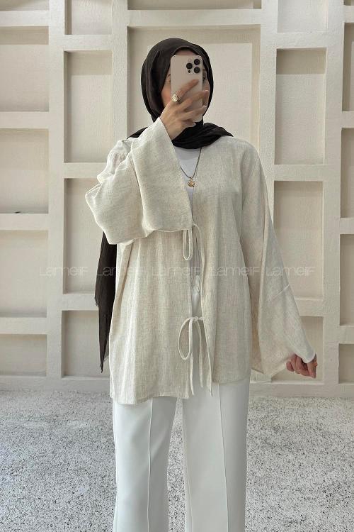 Lamelif Bağlama Detaylı Keten Tunik Krem