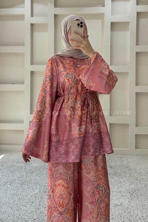Lamelif Desenli Saten Takım  Somon Rengi