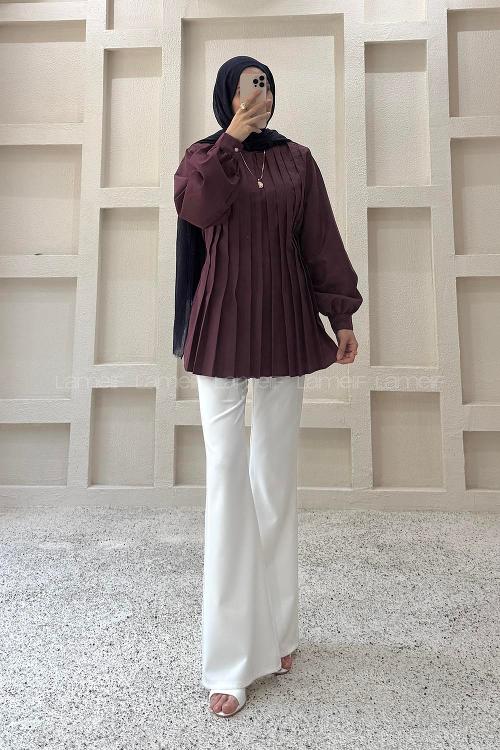 Plum Neckband Long Arm Cotton Polyester Blouse