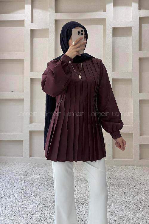 Plum Neckband Long Arm Cotton Polyester Blouse