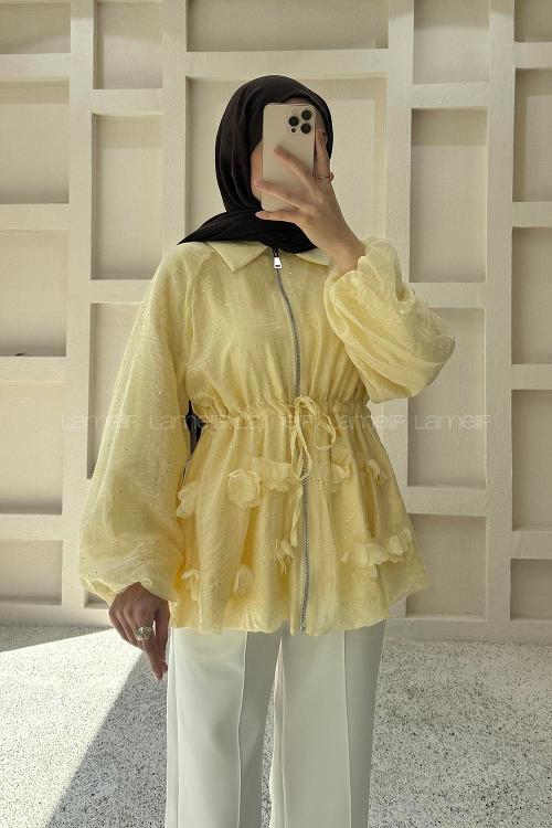 Lamelif Işıltılı Çiçek Kabartmalı Ceket Sarı