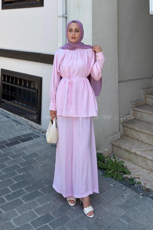 Lamelif Bağlama Detaylı Modal Bluz-Pantolon Takım Pembe