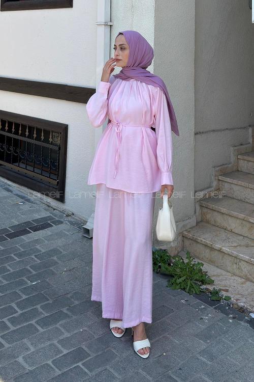 Lamelif Bağlama Detaylı Modal Bluz-Pantolon Takım Pembe