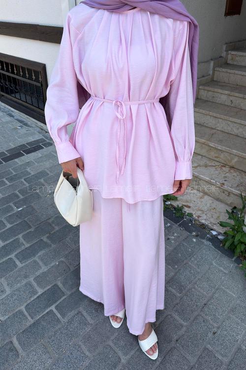 Lamelif Bağlama Detaylı Modal Bluz-Pantolon Takım Pembe
