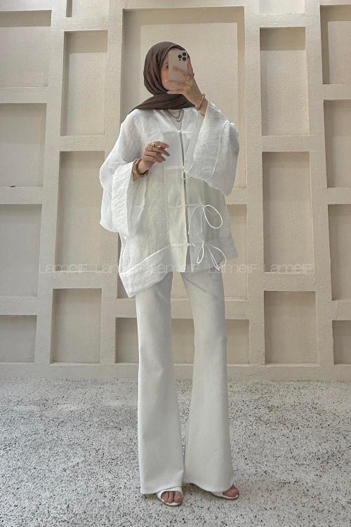 Lamelif Bağlama Detaylı Tül Kimono Beyaz