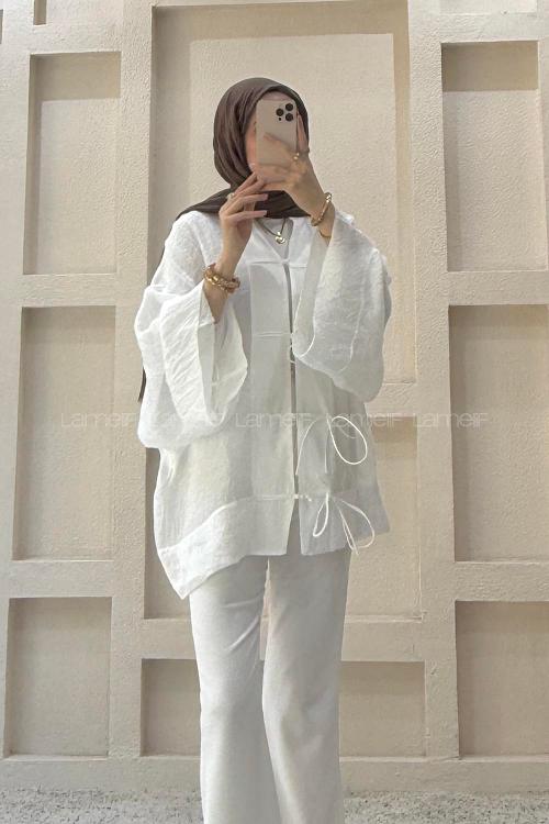 Lamelif Bağlama Detaylı Tül Kimono Beyaz