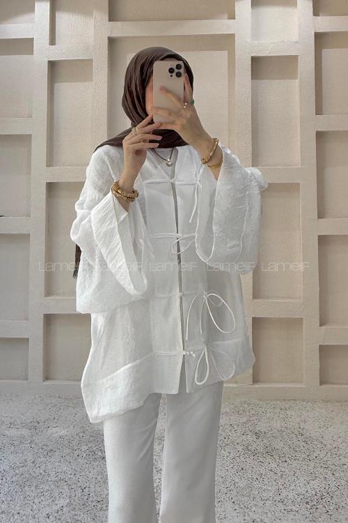 Lamelif Bağlama Detaylı Tül Kimono Beyaz