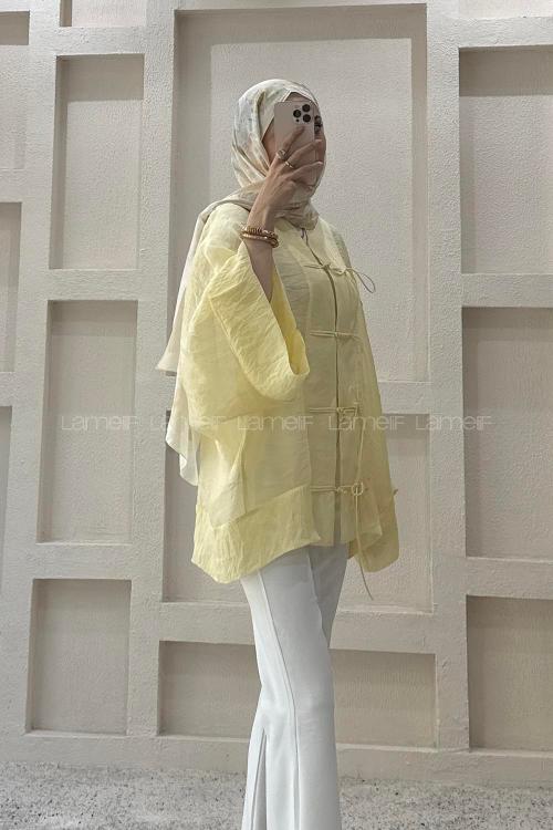 Lamelif Bağlama Detaylı Tül Kimono Sarı