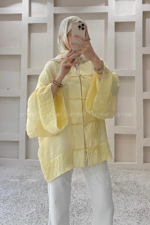 Lamelif Bağlama Detaylı Tül Kimono Sarı