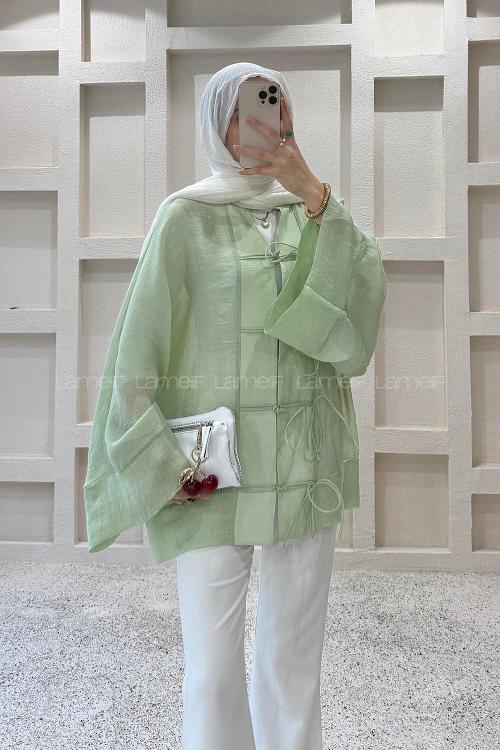 Lamelif Bağlama Detaylı Tül Kimono Yeşil