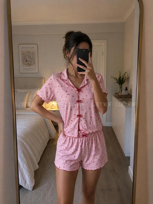 Lamelif Kadın Puantiye Desenli  Kısa Kollu Özel Yaka Şortlu Kadın Pijama Takımı
