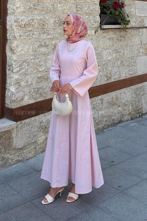 Lamelif Keten Elbise Pembe