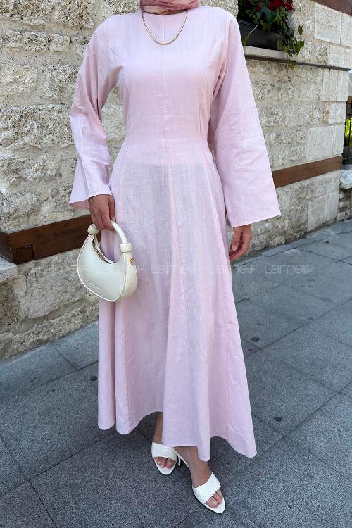 Lamelif Keten Elbise Pembe