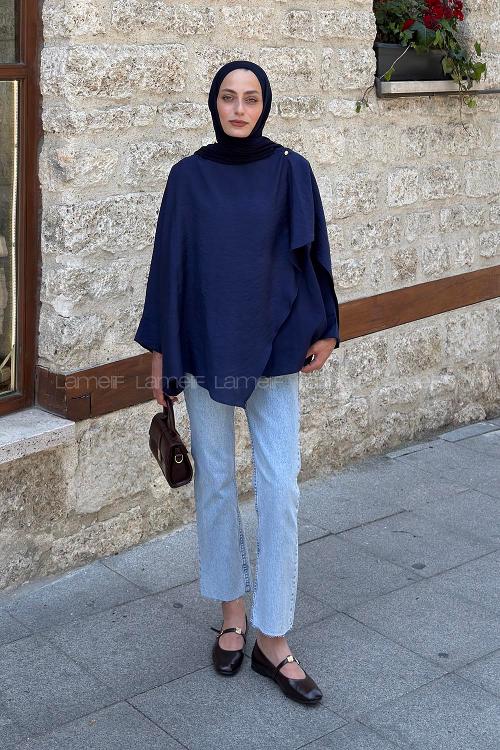 Lamelif Yarasa Kol Kapama Detaylı Bluz Lacivert