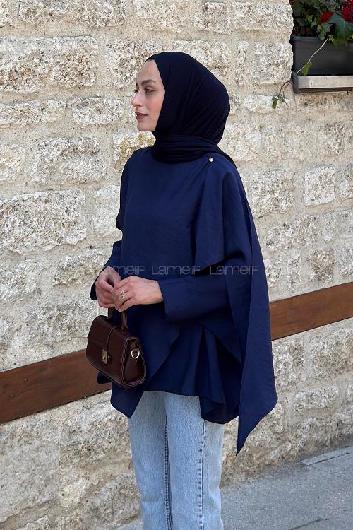 Lamelif Yarasa Kol Kapama Detaylı Bluz Lacivert