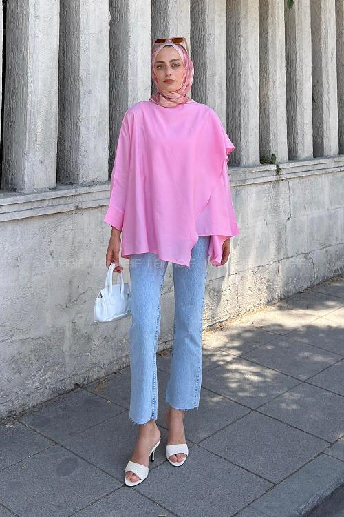 Lamelif Yarasa Kol Kapama Detaylı Bluz Pembe