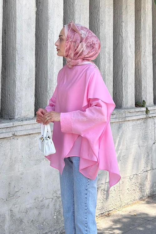 Lamelif Yarasa Kol Kapama Detaylı Bluz Pembe