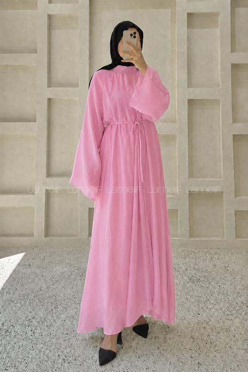 Lamelif Biyeli Tesettür Şifon Elbise Pembe