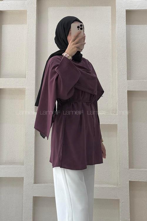 Lamelif Şal Detaylı Kemerli Tunik Mürdüm