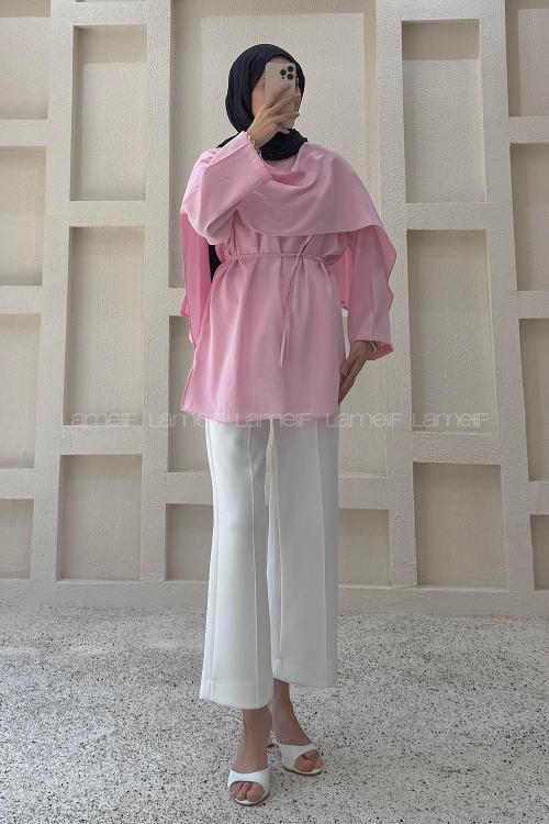 Lamelif Şal Detaylı Kemerli Tunik Pembe