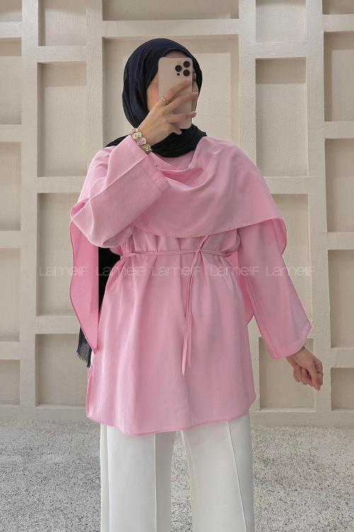 Lamelif Şal Detaylı Kemerli Tunik Pembe