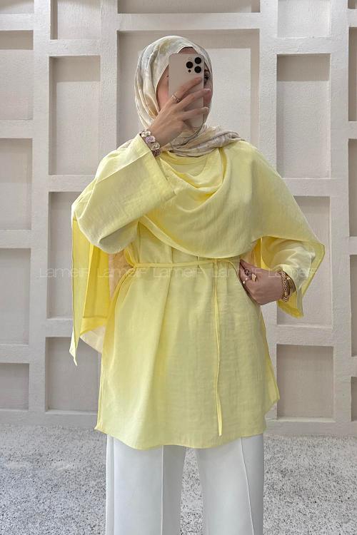 Lamelif Şal Detaylı Kemerli Tunik Sarı