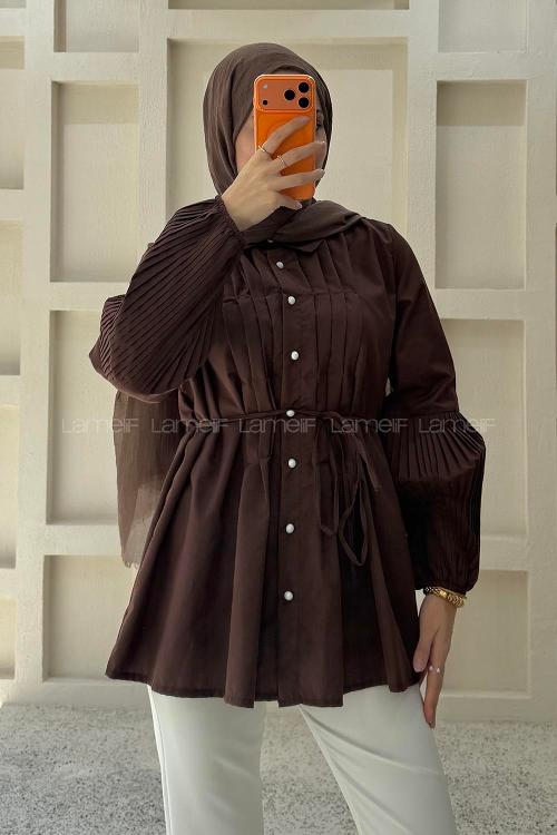 Lamelif İnci Detaylı Pileli Gömlek Acı Kahve