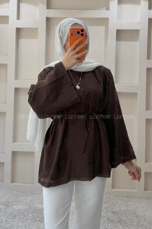 Lamelif Nakış İşlemeli Forties Gömlek Acı Kahve
