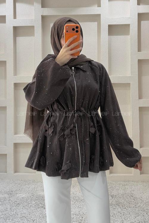 Lamelif Simli Papatya Detaylı Ceket Acı Kahve