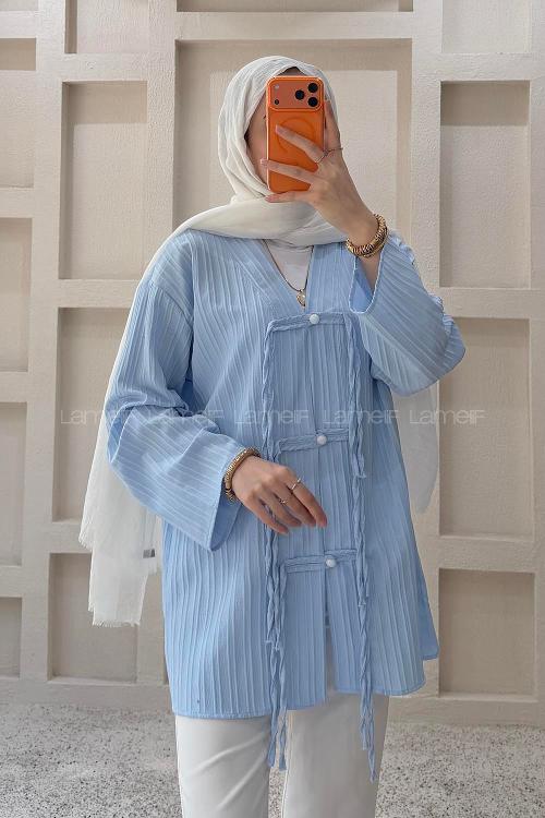 Lamelif V Yaka Süslü Düğmeli Tunik Mavi