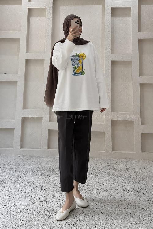 Lamelif Basic Oversize Limon Baskılı Bluz Beyaz