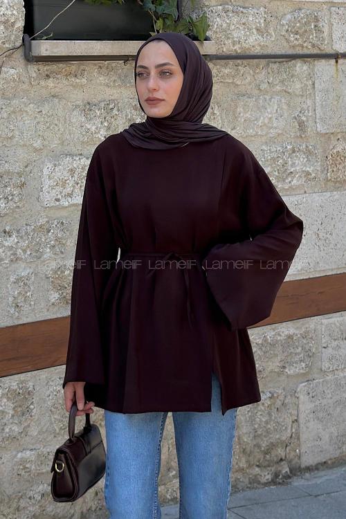 Lamelif Bisiklet Yaka Geniş Kol Tunik Acı Kahve