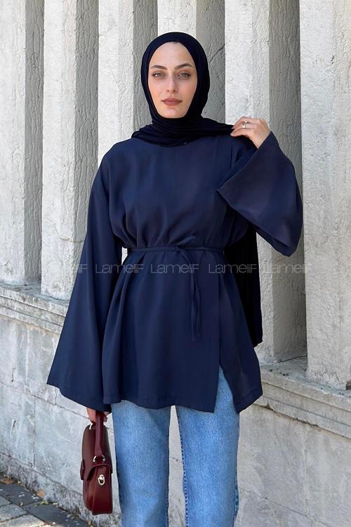 Lamelif Bisiklet Yaka Geniş Kol Tunik Lacivert