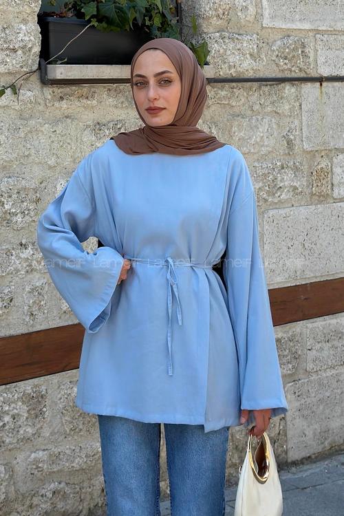 Lamelif Bisiklet Yaka Geniş Kol Tunik Mavi