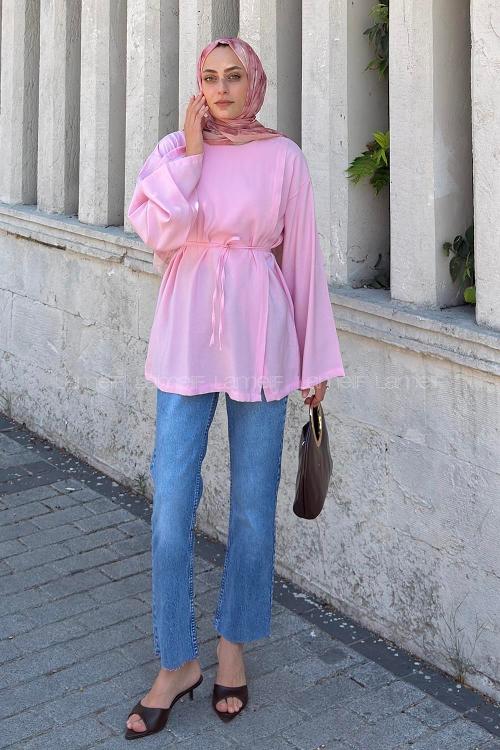 Lamelif Bisiklet Yaka Geniş Kol Tunik Pembe
