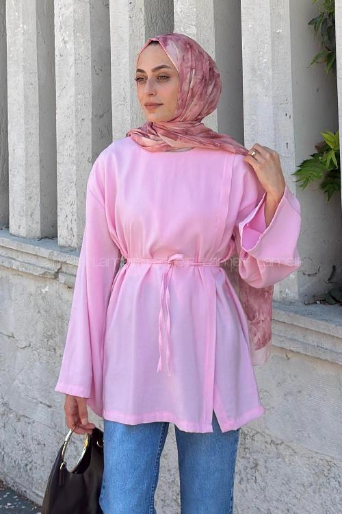 Lamelif Bisiklet Yaka Geniş Kol Tunik Pembe