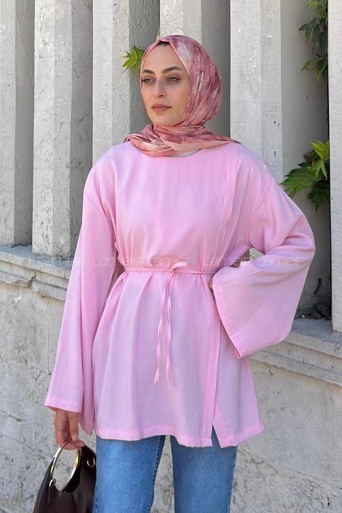 Lamelif Bisiklet Yaka Geniş Kol Tunik Pembe
