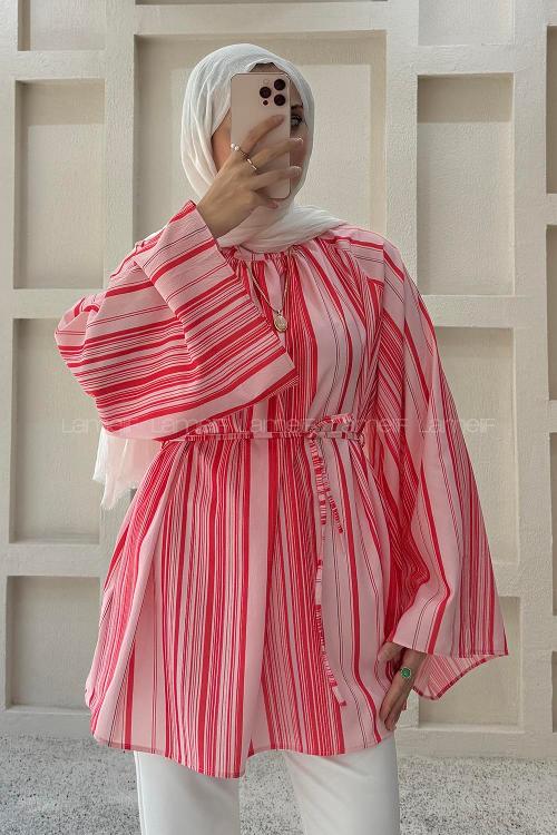 Lamelif Çizgili Bağlama Detaylı Gömlek Nar Çiçeği