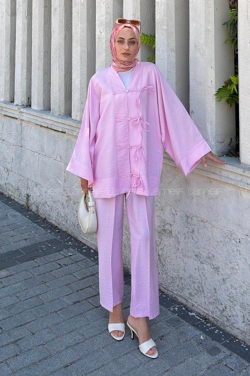 Pink Mandarin Collar Long Arm Ayrobin Regular Trousers Comfortable Suit