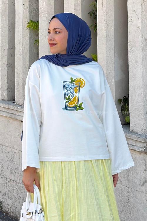 Lamelif Basic Oversize Limon Baskılı Bluz Beyaz